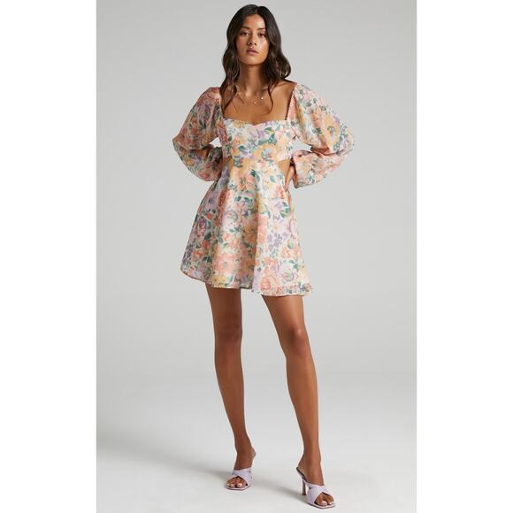 Showpo Ebonee Floral Mini Dress Cut Out Preppy Cottagecore Womens US 12 UK 16 - Picture 1 of 10